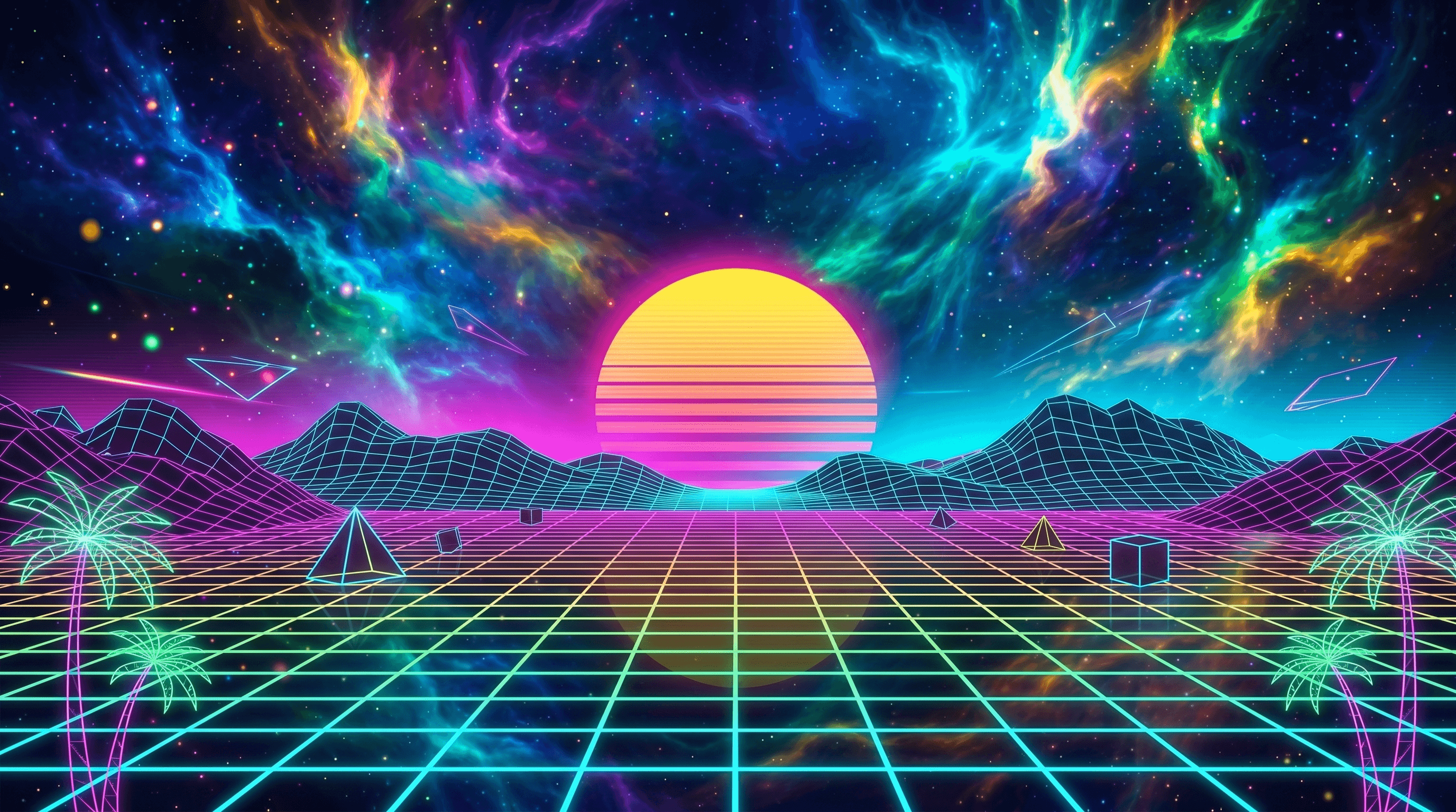 Completed Nexus Prime platform floating in the synthwave nebula